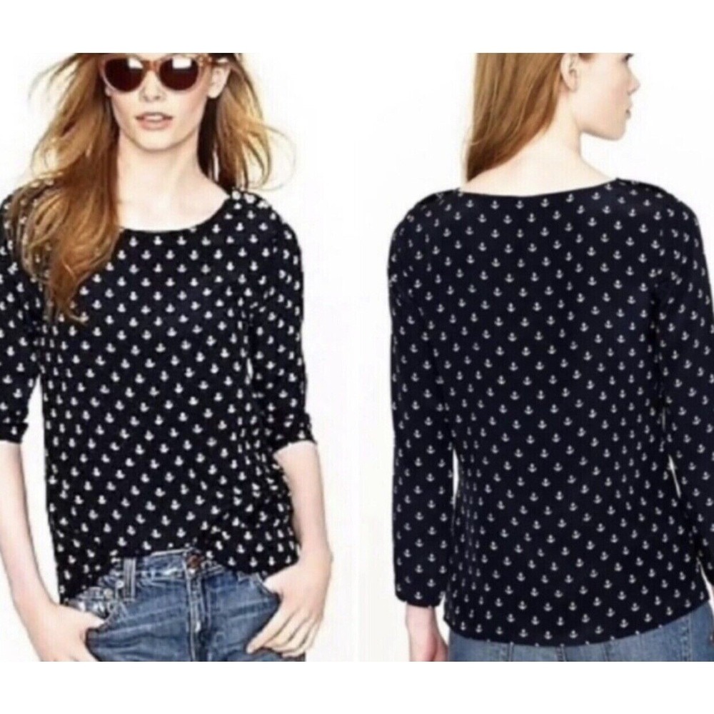 J Crew Nautical Anchor Print Silk Blouse Top sz 0 00 Navy Button Shoulder Detail